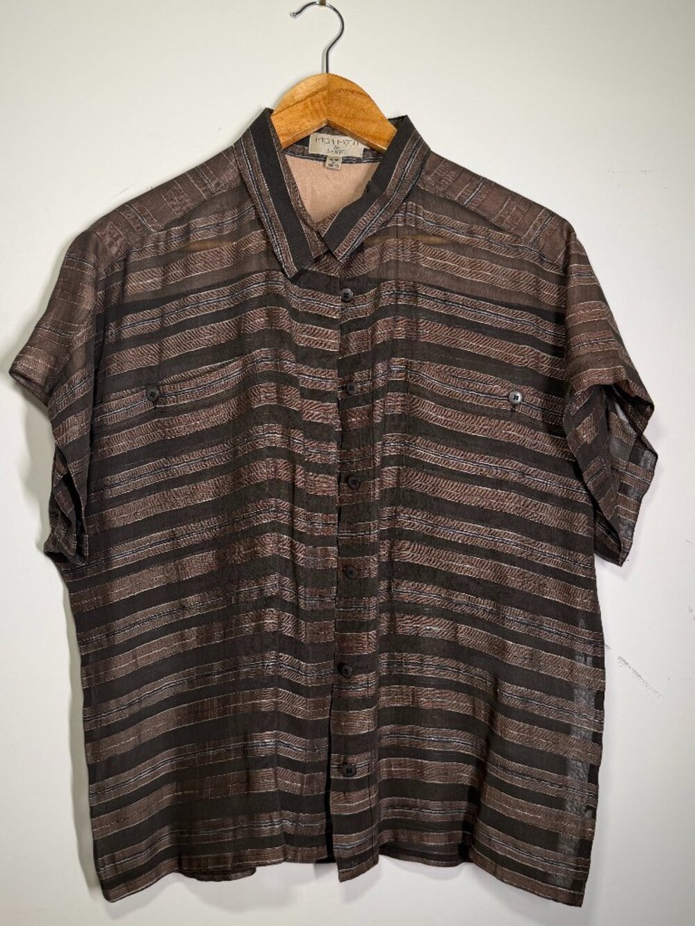 VTG Miichi Moon for Sanyo Women's Oversized Brown Striped Button-down Shirt